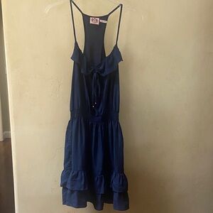 Sz L Juicy Couture Navy Sleeveless 100% Silk Ruffle Dress